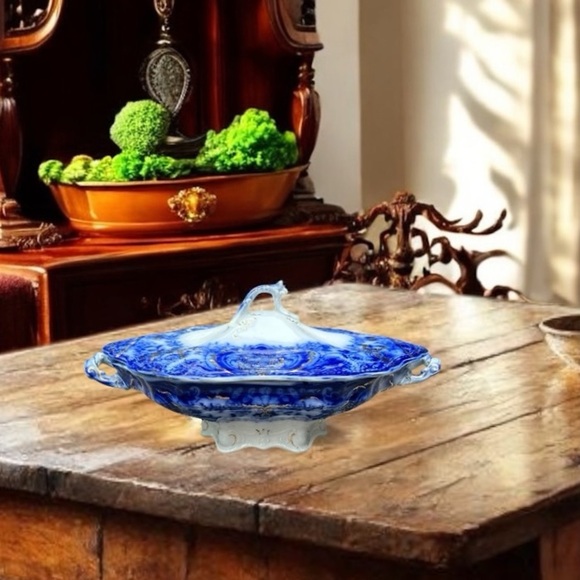 RARE Wood & Sons Antique Flow Blue "Lakewood" Footed Covered Dish 1891-1907 - Picture 13 of 13